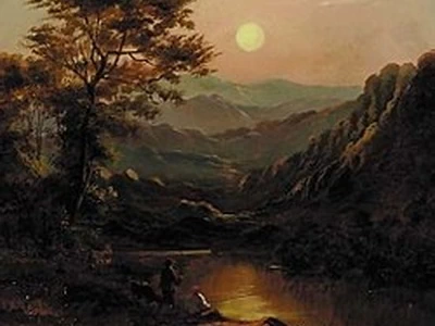 1834-Walter Williams - Pescatori in un paesaggio fluviale montuoso al tramonto